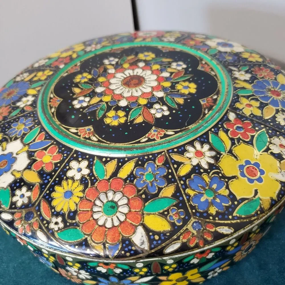 Vintage Floral Cloisonné Like Tin Metal Container With Lid Colorful 8